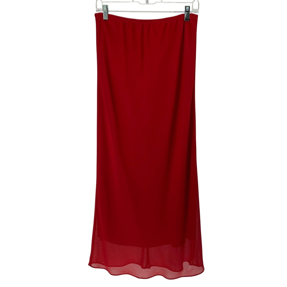 Red Sheer Crepe Maxi Skirt Elastic Waist Lined Made in USA XL E3027